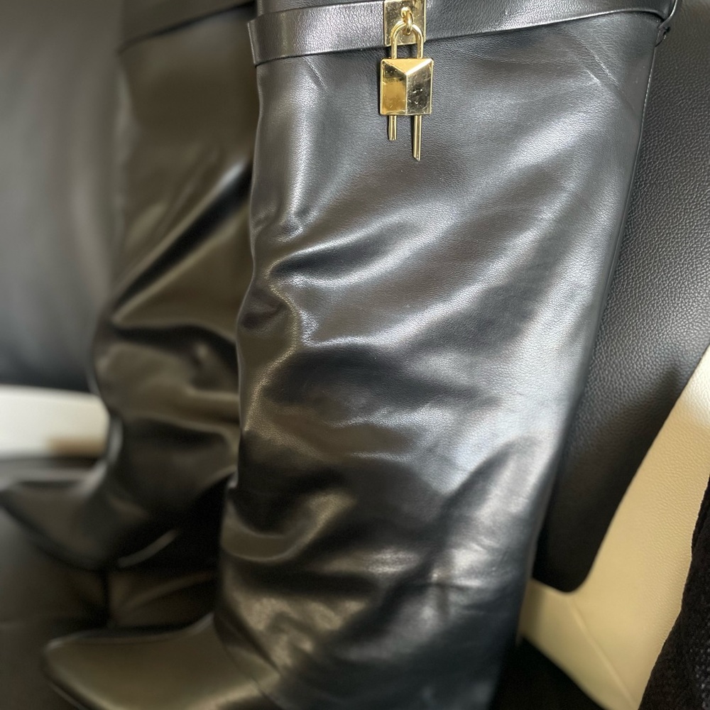 Black Shark Boots Knee Length wedge heel with gold buckle